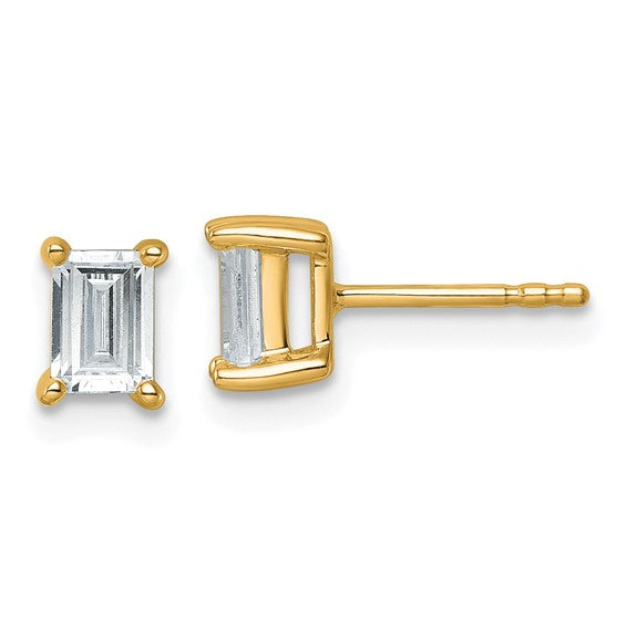 14K yellow gold 1 carat IGI certified lab grown diamond emerald cut stud earrings front view pair on white background
