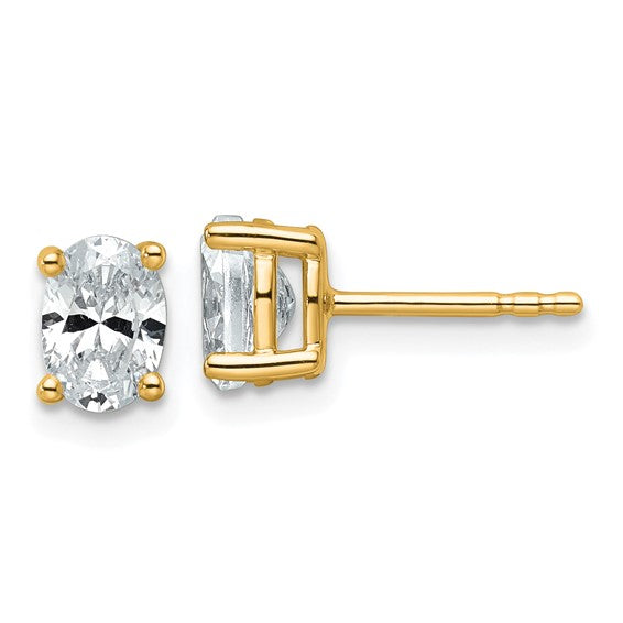 14K yellow gold 1 carat IGI certified lab grown diamond oval stud earrings front view pair on white background