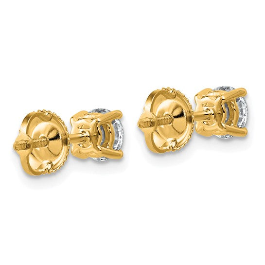 Back view of 14K yellow gold 1 carat lab grown diamond round stud earrings showing screw-back posts on white background
