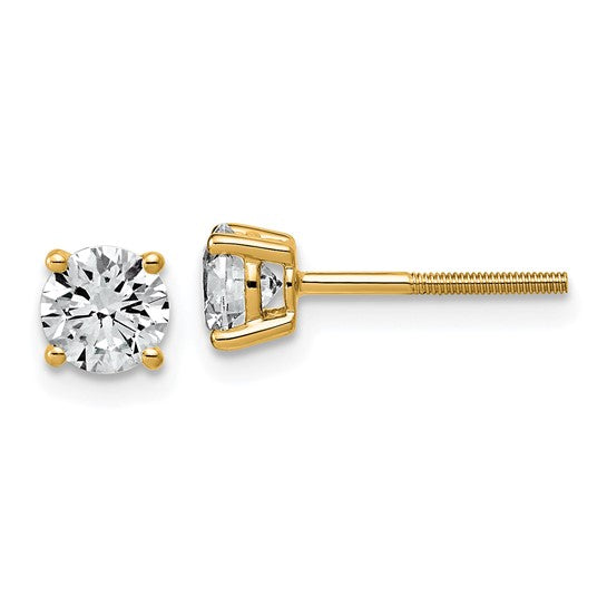 14K yellow gold 1 carat lab grown diamond round stud earrings front view pair with screw-back posts on white background
