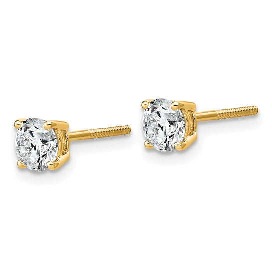Side profile of 14K yellow gold 1 carat lab grown diamond round stud earring showing screw-back post and 4-prong setting on white background