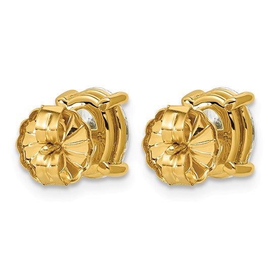 Back view of 14K yellow gold oval lab grown diamond stud earrings, showing basket settings and friction push backs.