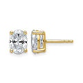 Front and side views of oval lab grown diamond stud earrings in 14K yellow gold, showing four-prong basket settings and a post.