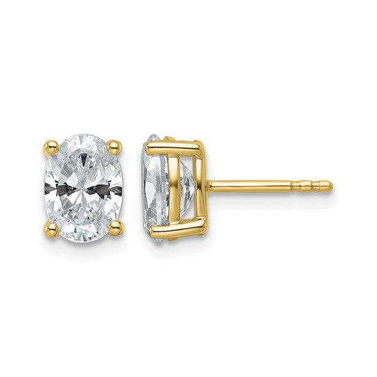 Front and side views of oval lab grown diamond stud earrings in 14K yellow gold, showing four-prong basket settings and a post.