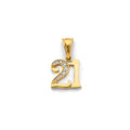 14K yellow gold number 21 pendant with cubic zirconia stones on polished gold design on white background