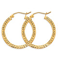 14K yellow gold 25mm diamond-cut hoop earrings with hinged snap closure on white background