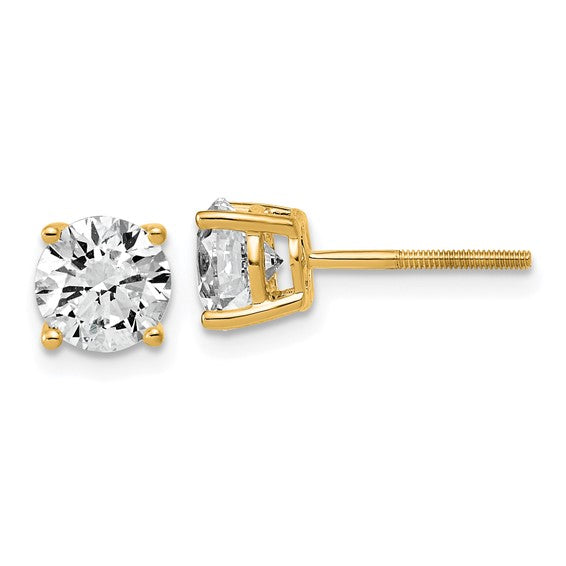 14K yellow gold 2 carat lab grown diamond round stud earrings with screw-back post and 4-prong setting on white background