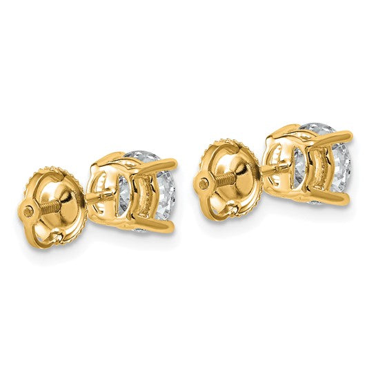 Back view of 14K yellow gold 2 carat lab grown diamond round stud earrings showing screw-back posts on white background