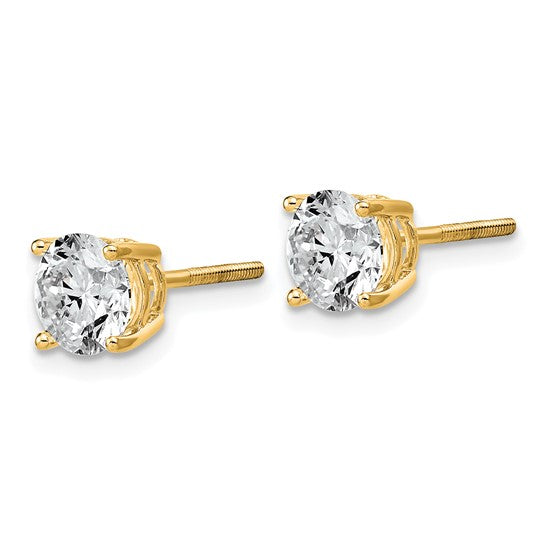 Side profile of 14K yellow gold 2 carat lab grown diamond round stud earrings showing screw-back posts and 4-prong setting on white background