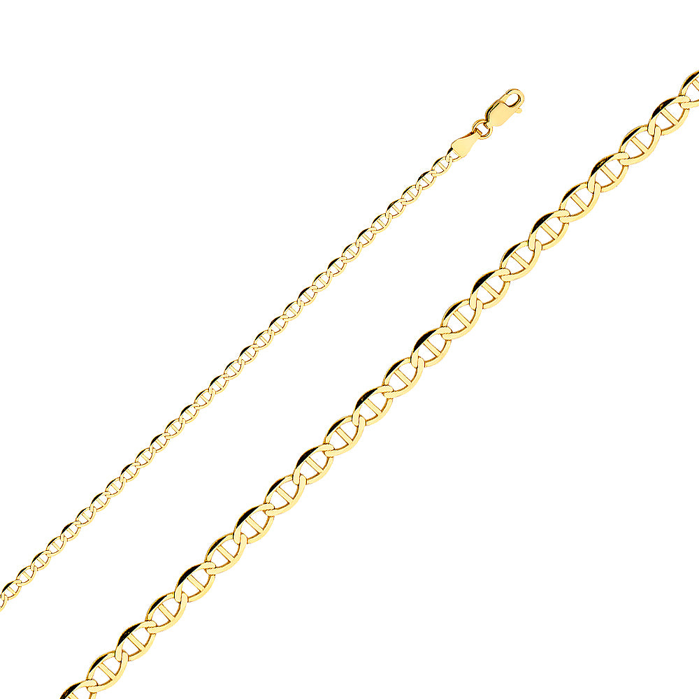 14K yellow gold 3.4mm flat mariner chain necklace with oval links and center bar design polished finish on white background