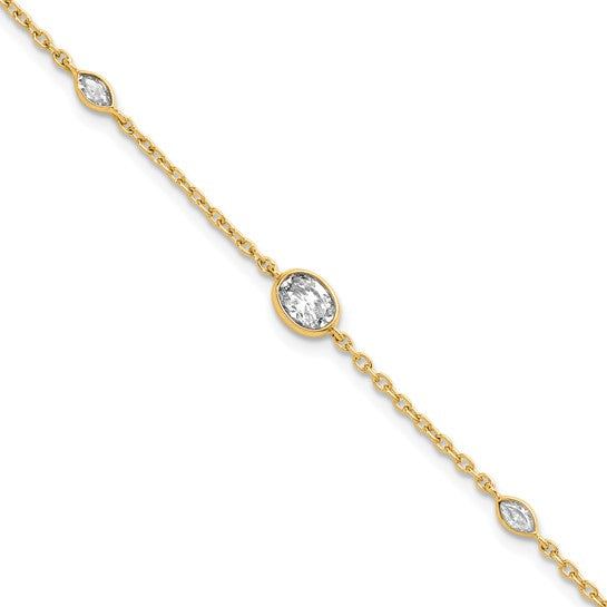 14K yellow gold lab grown diamond cable bracelet close-up with bezel-set diamond stations on white background