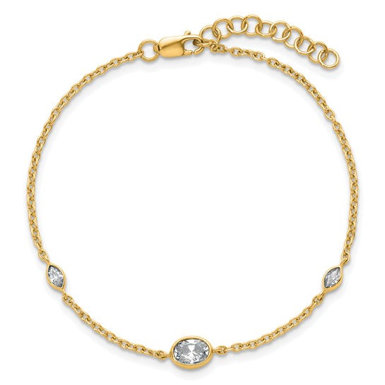 14K yellow gold lab grown diamond cable bracelet in round layout with bezel-set stations on white background