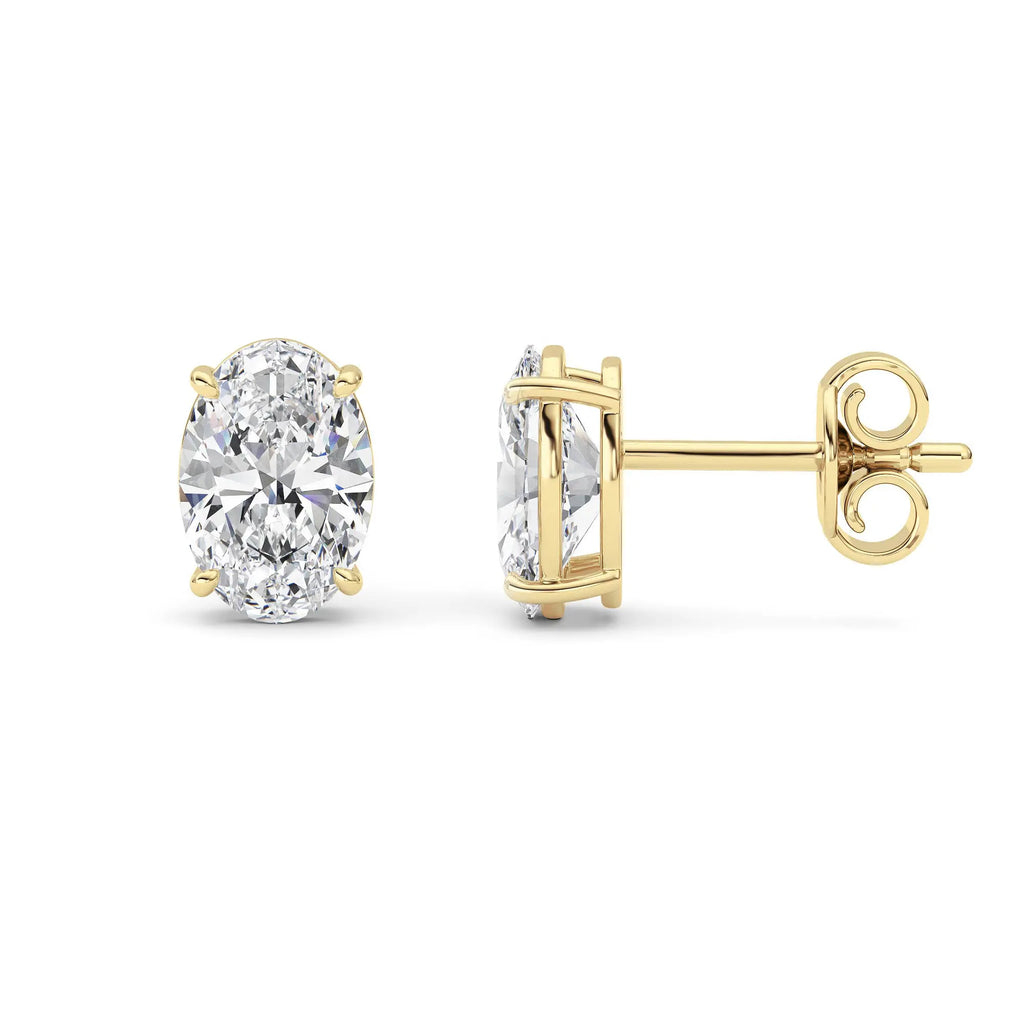 14K yellow gold 4 ct IGI lab grown diamond oval stud earrings front and side view on white background
