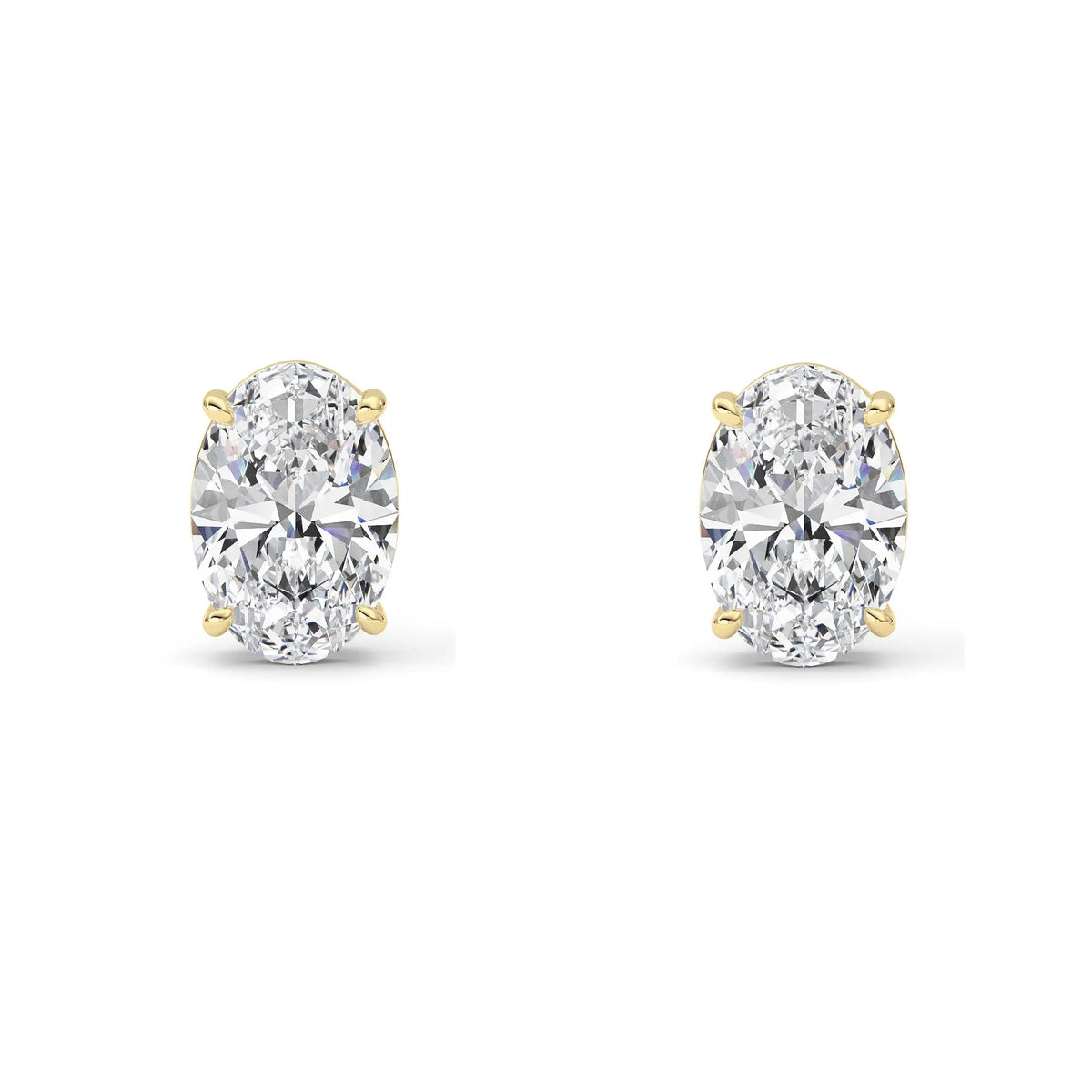 Pair of 4 ct IGI certified oval lab grown diamond stud earrings in 14K yellow gold on white background