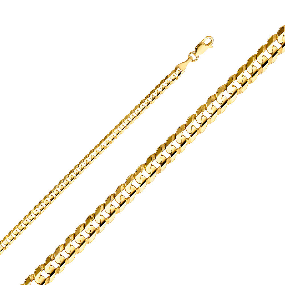 14K yellow gold 4mm concave Cuban chain necklace with interlocking polished links 24 inch chain on white background
