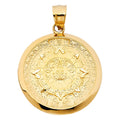 14K yellow gold Aztec calendar pendant 35 by 25 mm sun stone design engraved round medallion on white background