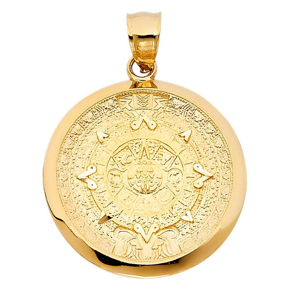 14K yellow gold Aztec calendar pendant 35 by 25 mm sun stone design engraved round medallion on white background