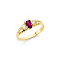 14K yellow gold baby ring with oval red cubic zirconia center and round white CZ side stones polished finish on white background