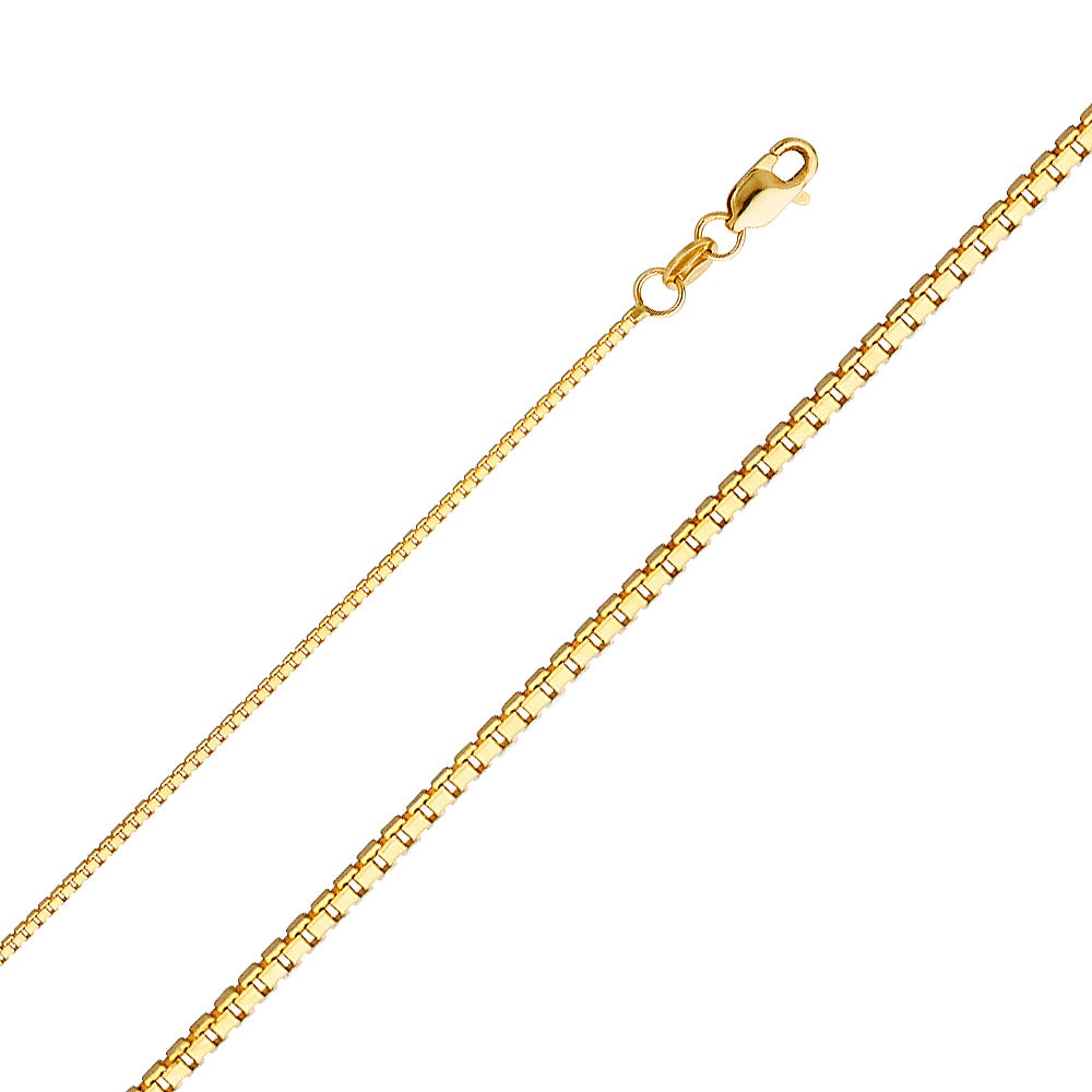 14K yellow gold box chain, 1mm wide, 22 inches, lobster clasp, high polish finish, on white background