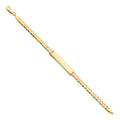 14K yellow gold Cuban link chain ID bracelet with smooth engravable plate and ribbed connectors, 8 inches, lobster clasp, on white background