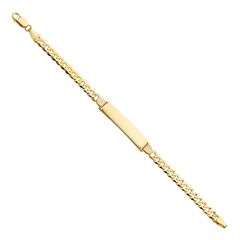14K yellow gold Cuban link chain ID bracelet with smooth engravable plate and ribbed connectors, 8 inches, lobster clasp, on white background