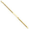 14K yellow gold Cuban link chain junior ID bracelet with smooth engravable plate, 6 inches, lobster clasp, on white background
