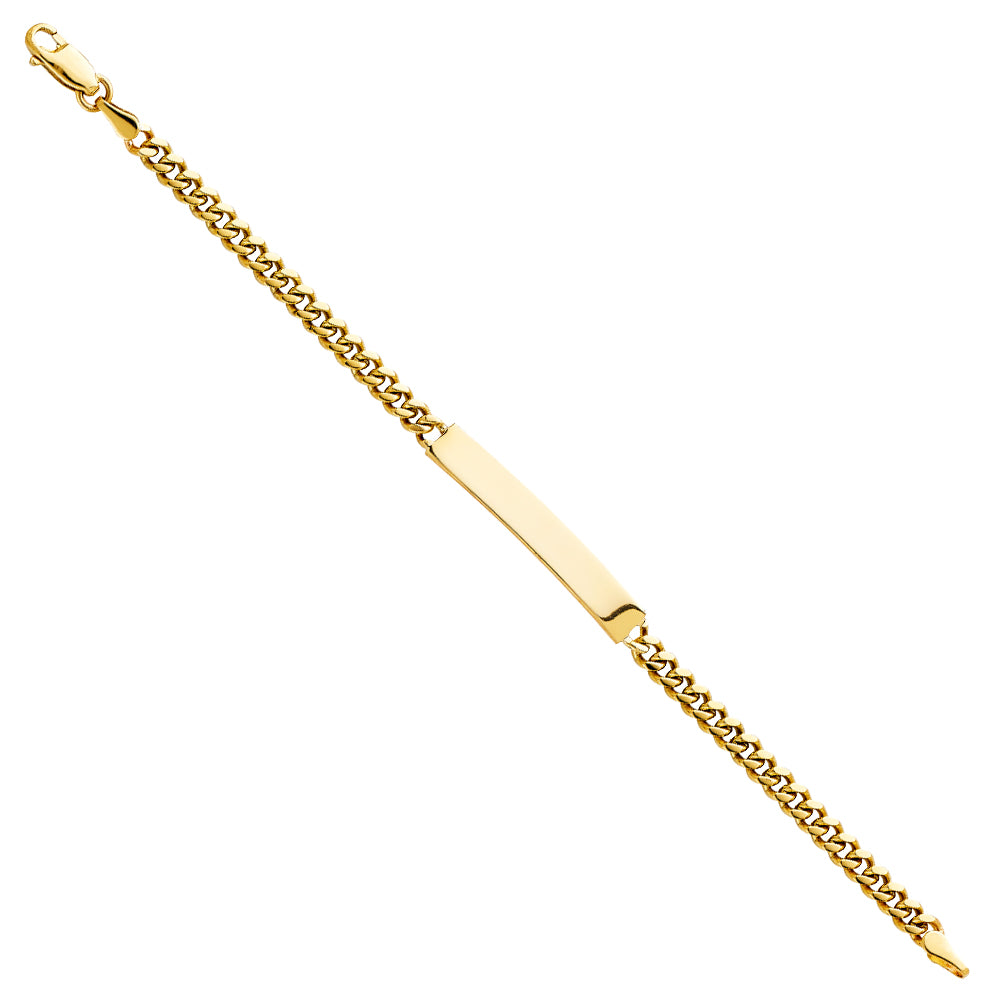 14K yellow gold Cuban link chain junior ID bracelet with smooth engravable plate, 6 inches, lobster clasp, on white background