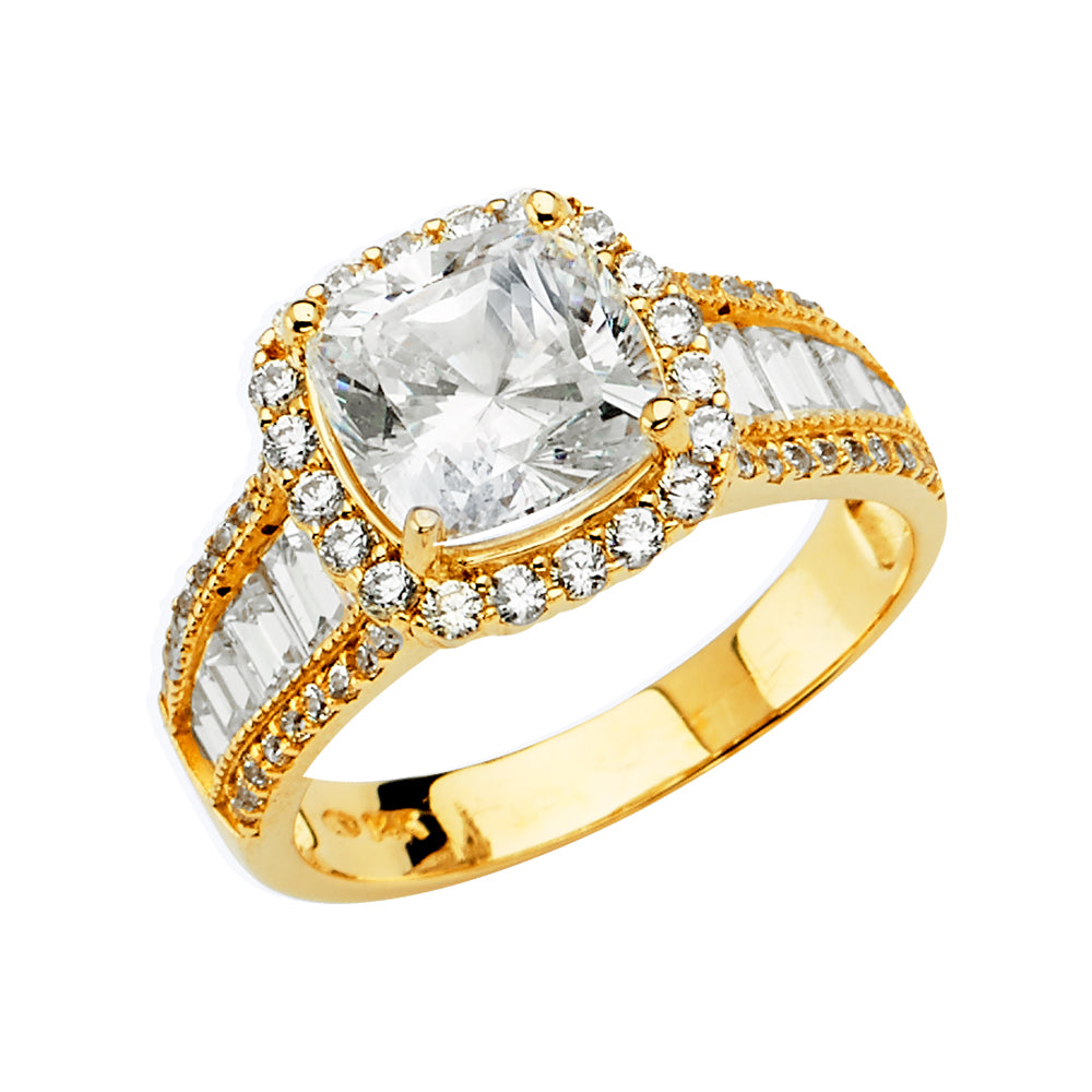 14K yellow gold cushion-cut CZ halo engagement ring with split shank and baguette CZ band on white background