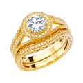 14K yellow gold CZ bridal set with halo engagement ring and matching wedding band with sparkling cubic zirconia stones on white background