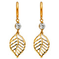 14K yellow gold huggie earrings with bezel-set round CZ and open diamond-cut filigree leaf drop, 30mm, on white background
