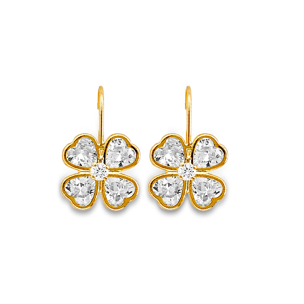 14K yellow gold four-petal flower drop earrings with heart-shaped white CZ petals and round CZ center, bezel set, kidney wire closure, on white background