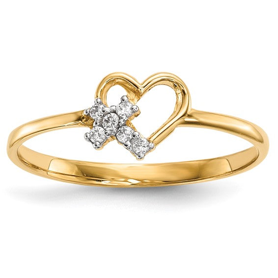 14K yellow gold CZ heart cross ring with six clear stones front view on white background