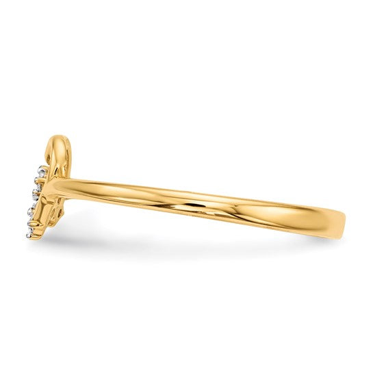 14K yellow gold CZ heart cross ring side profile showing slim polished band on white background