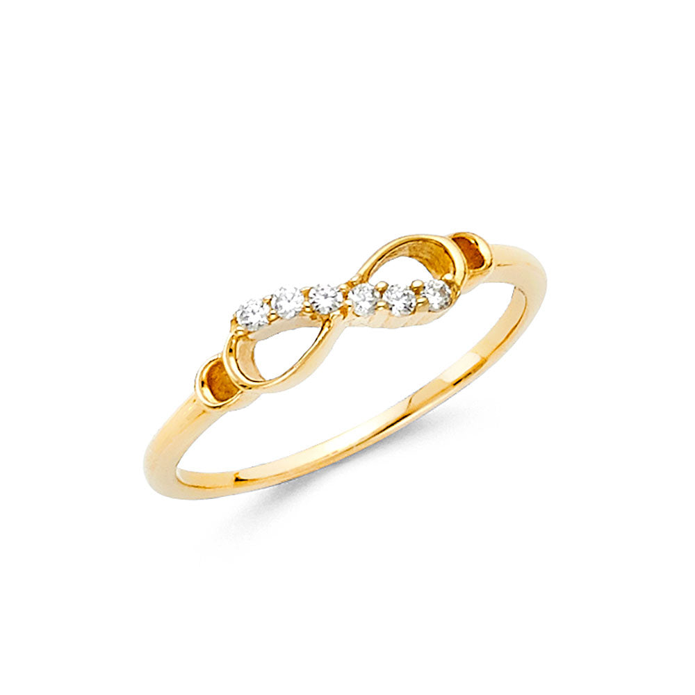 14K yellow gold infinity ring with cubic zirconia stones and polished finish on white background