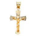 14K yellow gold diamond-cut crucifix pendant with raised corpus of Christ and sunburst halo on white background