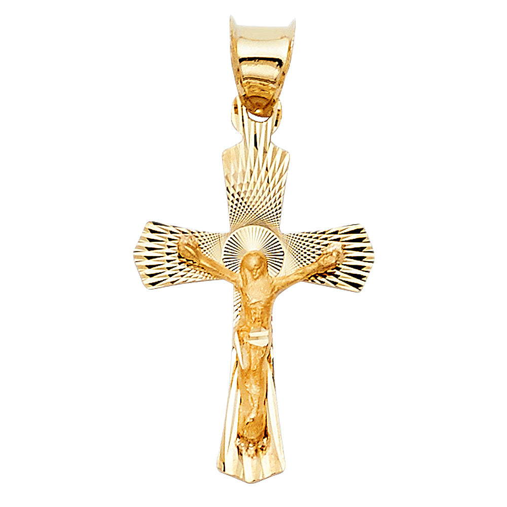 14K yellow gold diamond-cut crucifix pendant with raised corpus of Christ and sunburst halo on white background