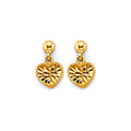14K yellow gold heart dangle earrings with diamond cut finish and polished push back design on white background