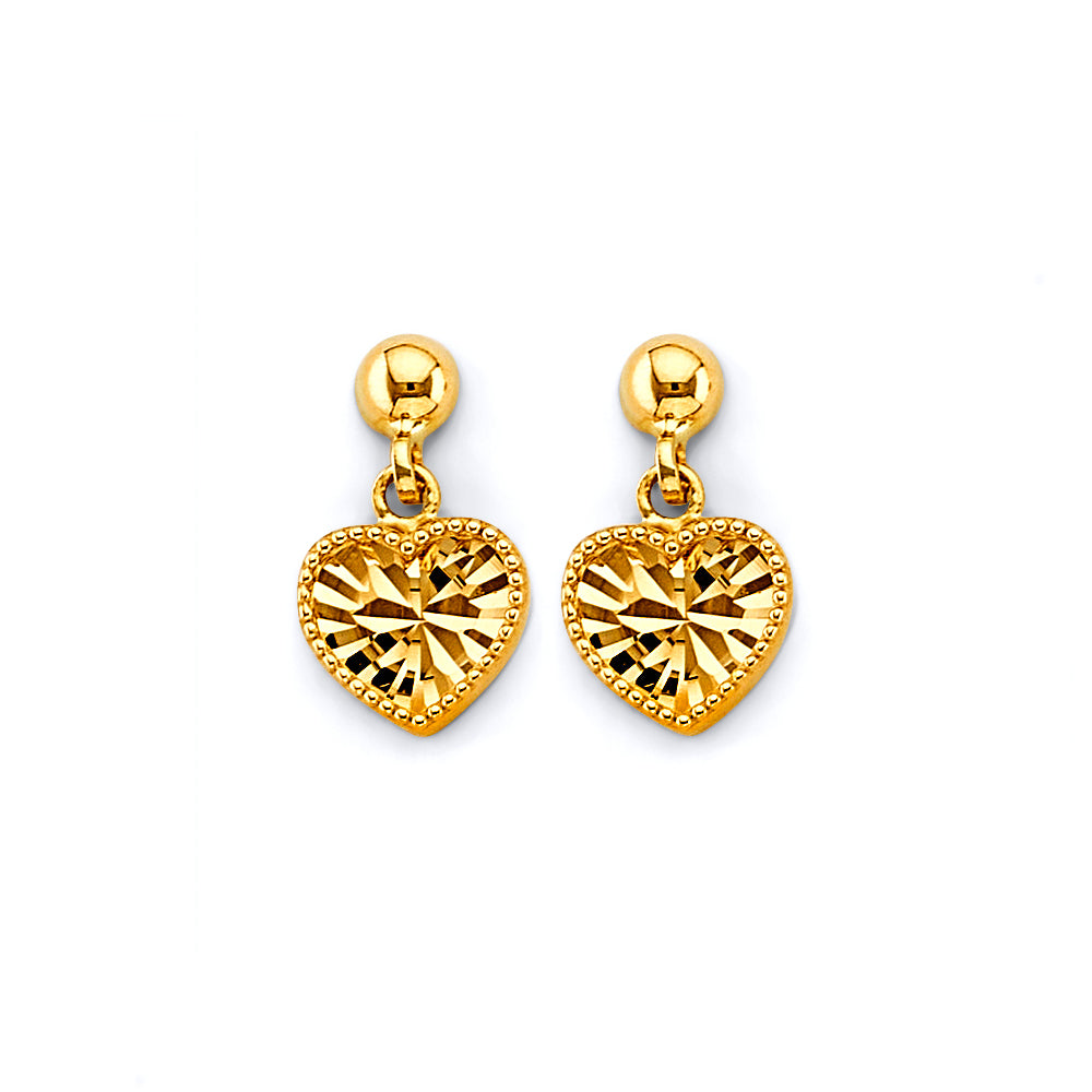 14K yellow gold heart dangle earrings with diamond cut finish and polished push back design on white background