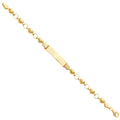 14K yellow gold ID bracelet with diamond-cut heart stations connected by round links and engravable plate on white background