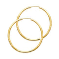 14K yellow gold 2mm diamond-cut satin endless hoop earrings 30mm on white background