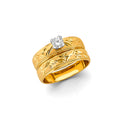 14K yellow gold diamond-cut star pattern CZ solitaire engagement ring stacked with matching wedding band on white background