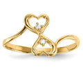 14K yellow gold double heart CZ ring with two round stones and polished band on white background