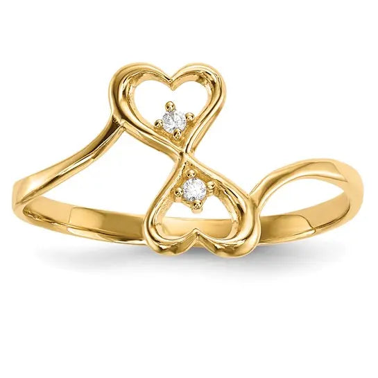14K yellow gold double heart CZ ring with two round stones and polished band on white background