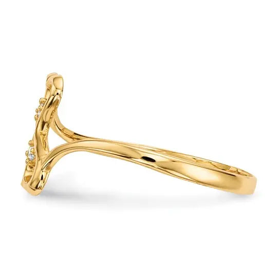 Side view of 14K yellow gold double heart CZ ring showing raised heart design on white background