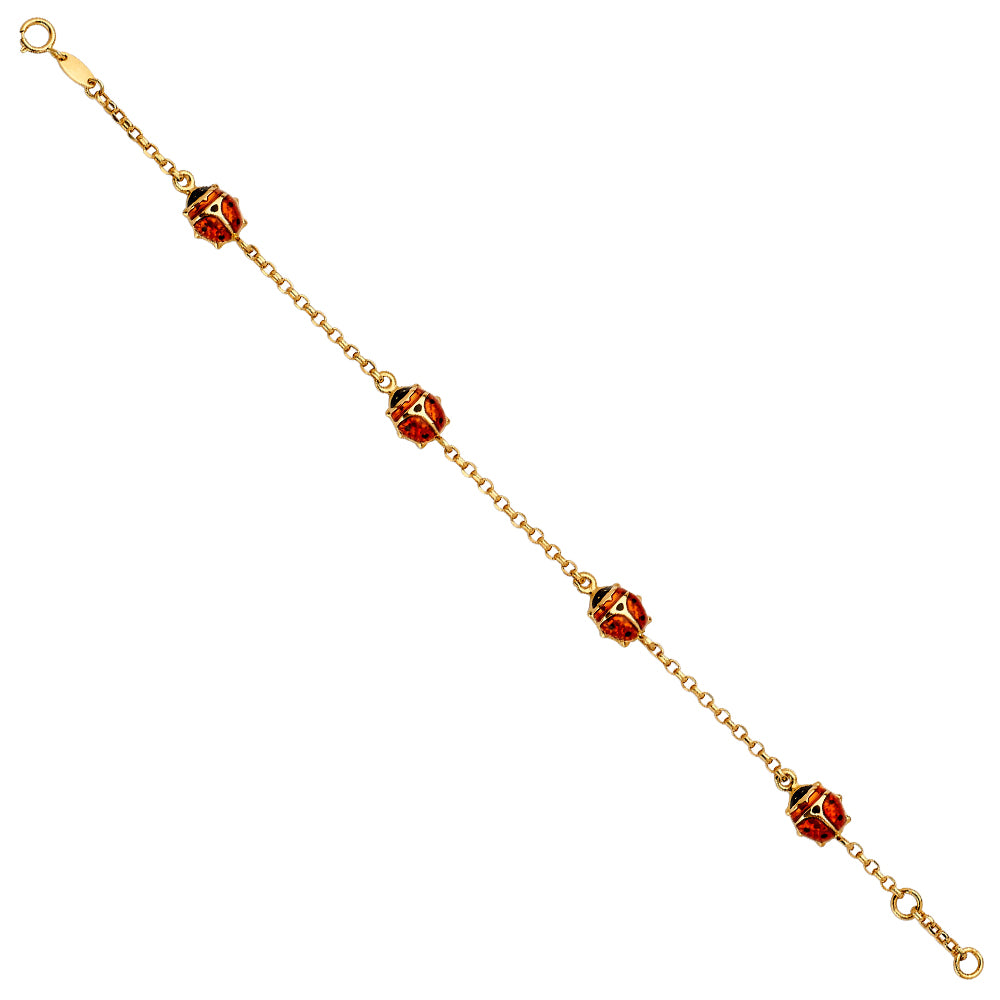 14K yellow gold rolo chain bracelet with four red and black enamel ladybug charms and spring ring clasp, 6.5 inches, on white background