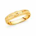 14K yellow gold engraved milgrain wedding band with leaf pattern detail on white background