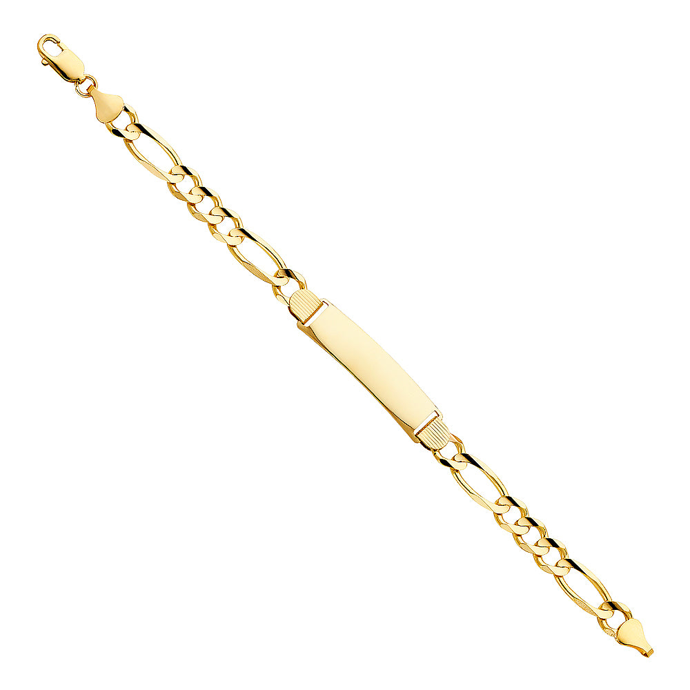 14K yellow gold figaro chain ID bracelet with smooth engravable plate and ribbed connectors, 8.5 inches, lobster clasp, on white background