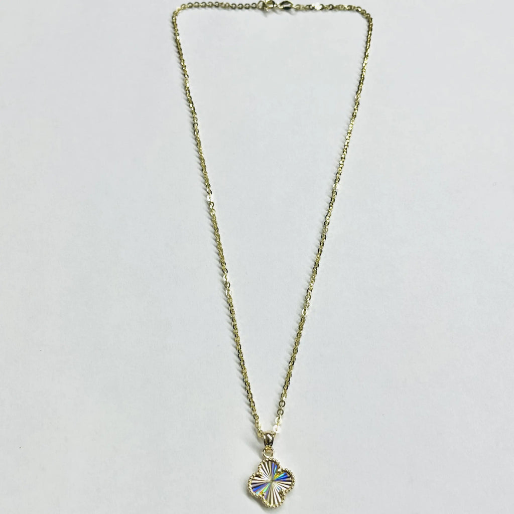 14K yellow gold four-leaf clover necklace full length flat lay showing 16 inch cable chain and spring ring clasp