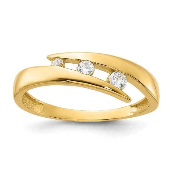14K yellow gold graduated 3-stone CZ bypass ring angled view with crossover top on white background