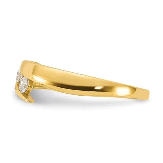 14K yellow gold graduated 3-stone CZ bypass ring side view showing raised open setting on white background